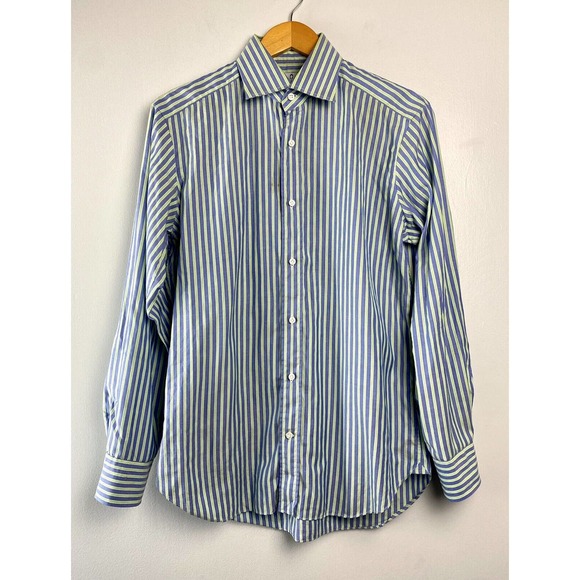Truzzi Milano Shirt Blue Green Striped Italy Mens Size 15.5 / 39 Medium - Picture 1 of 6